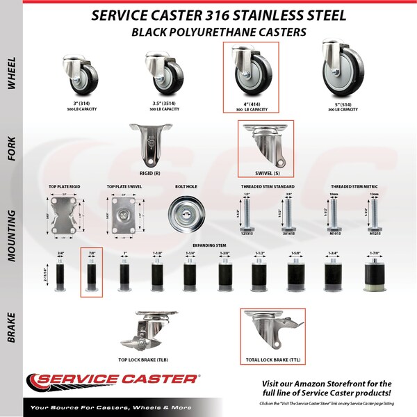 Service Caster 4 Inch 316SS Black Poly Swivel 7/8 Inch Expanding Stem Caster Set Lock Brake SCC-SS316TTLEX20S414-PPUB-BLK-78-4 - main
